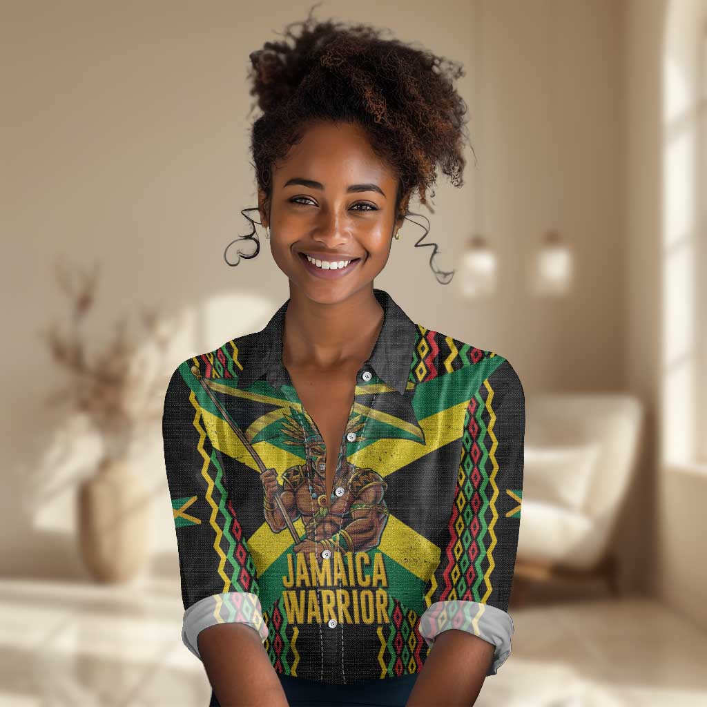 Black Jamaicans Warrior Spirit Women Casual Shirt Tribal Fighter in Reggae Colors - African Pride