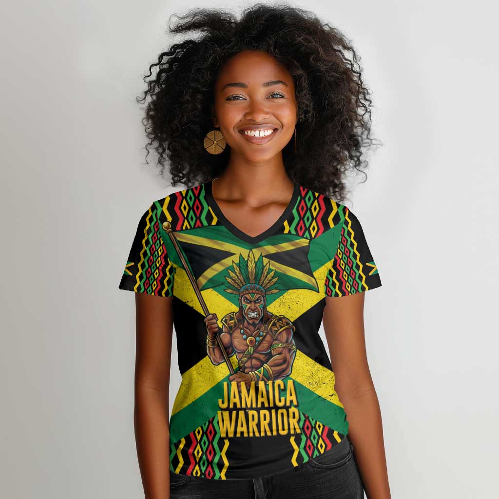 Black Jamaicans Warrior Spirit Women V-Neck T-Shirt Tribal Fighter in Reggae Colors - African Pride