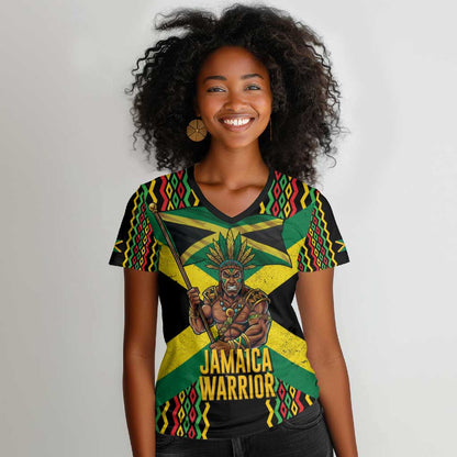 Black Jamaicans Warrior Spirit Women V-Neck T-Shirt Tribal Fighter in Reggae Colors - African Pride