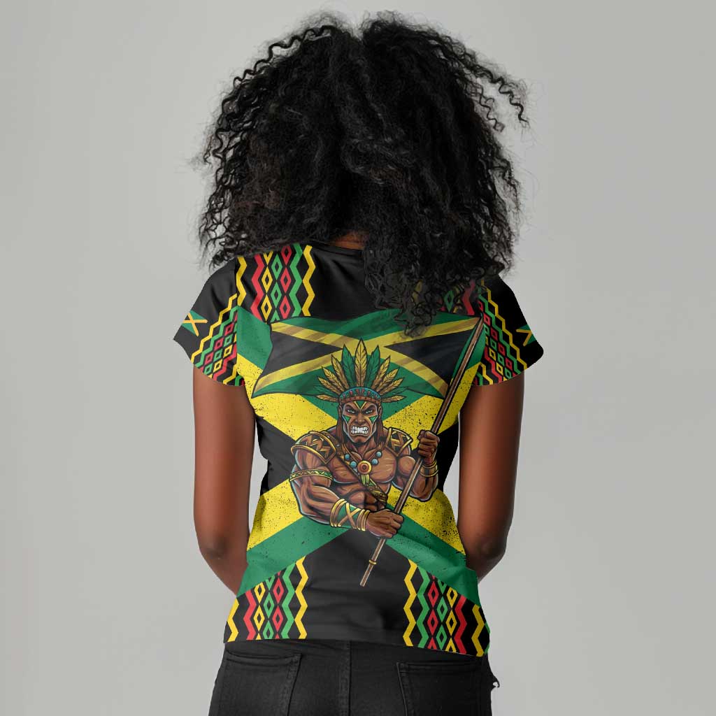 Black Jamaicans Warrior Spirit Women V-Neck T-Shirt Tribal Fighter in Reggae Colors - African Pride