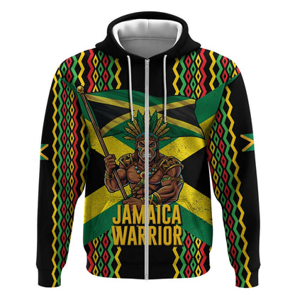 Black Jamaicans Warrior Spirit Zip Hoodie Tribal Fighter in Reggae Colors - African Pride