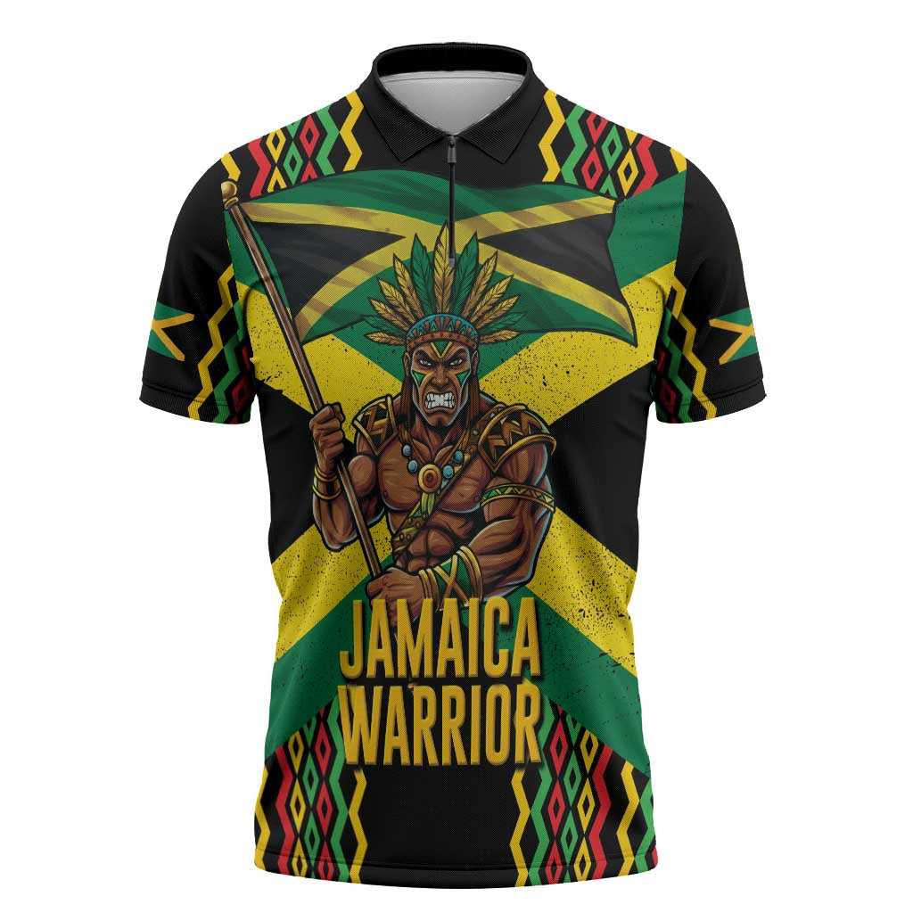 Black Jamaicans Warrior Spirit Zipper Polo Shirt Tribal Fighter in Reggae Colors