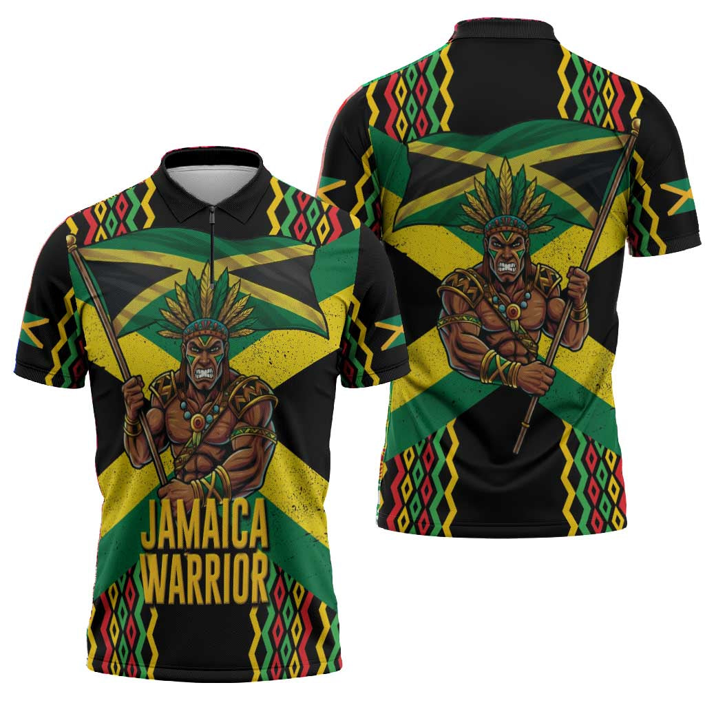 Black Jamaicans Warrior Spirit Zipper Polo Shirt Tribal Fighter in Reggae Colors