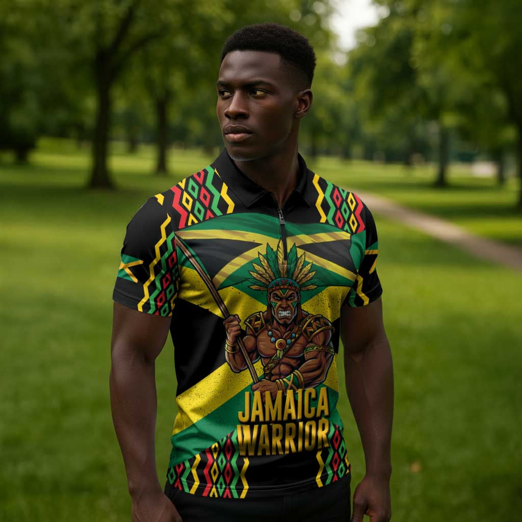 Black Jamaicans Warrior Spirit Zipper Polo Shirt Tribal Fighter in Reggae Colors