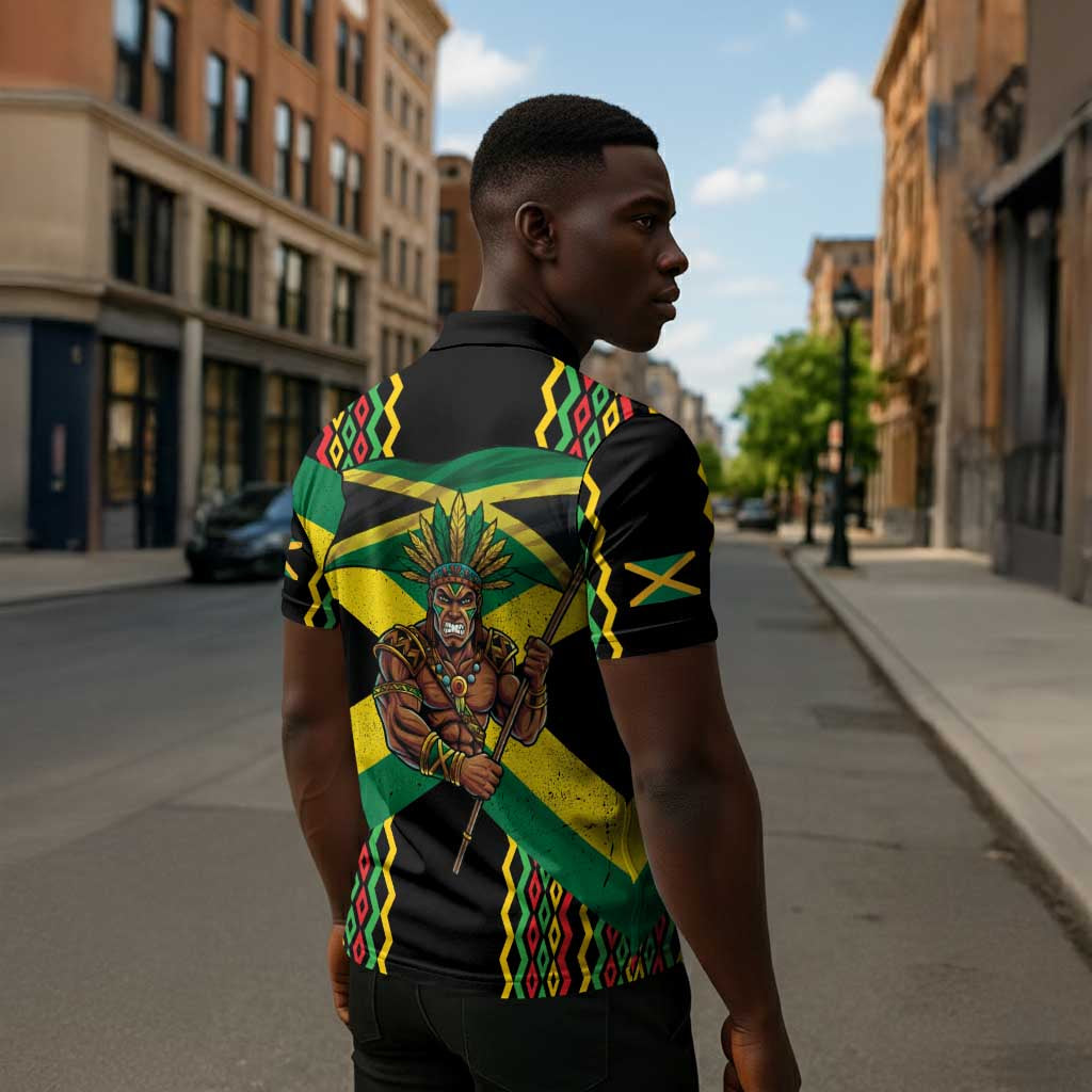 Black Jamaicans Warrior Spirit Zipper Polo Shirt Tribal Fighter in Reggae Colors