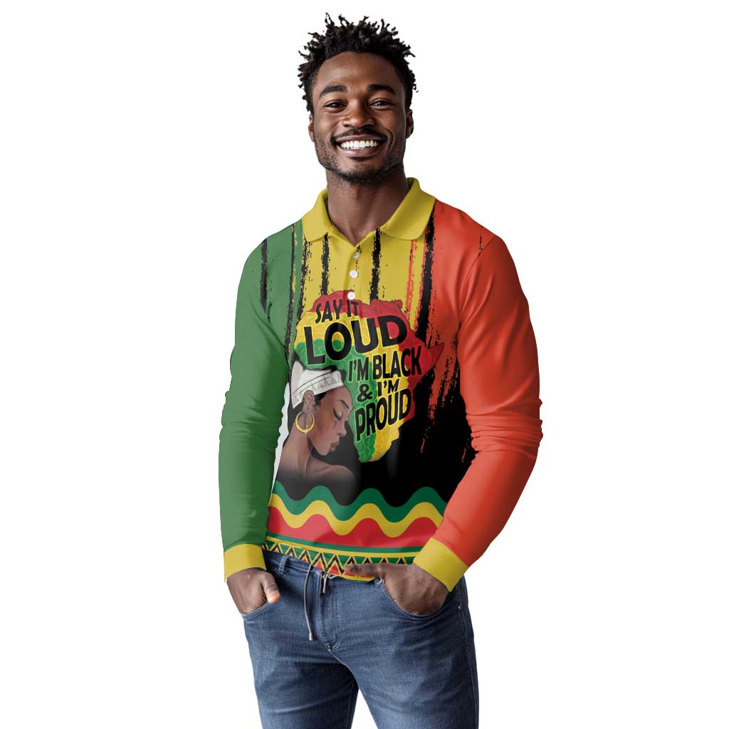 Black History Dreadlocks Map Long Sleeve Polo Shirt Say It Loud I’m Black and I’m Proud - African Pride