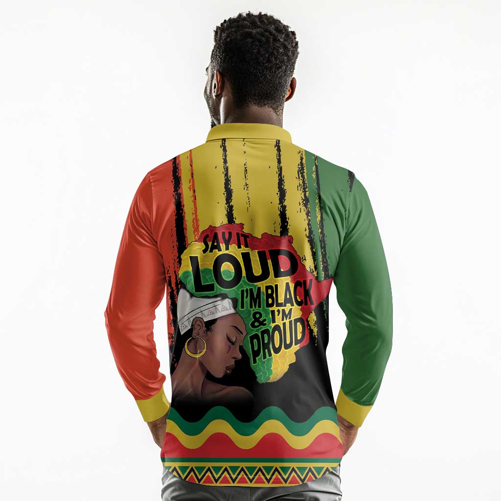 Black History Dreadlocks Map Long Sleeve Polo Shirt Say It Loud I’m Black and I’m Proud - African Pride