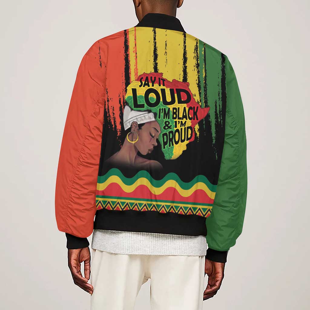 Black History Dreadlocks Map Sleeve Zip Bomber Jacket Say It Loud I’m Black and I’m Proud - African Pride