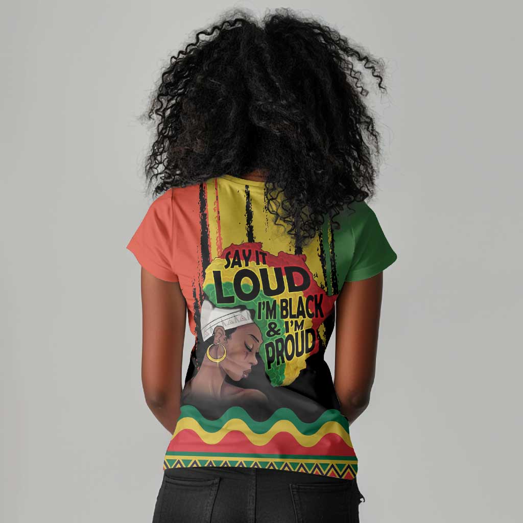 Black History Dreadlocks Map Women V-Neck T-Shirt Say It Loud Im Black and Im Proud LT19
