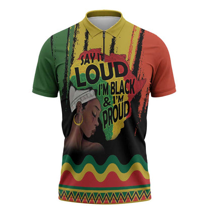 Black History Dreadlocks Map Zipper Polo Shirt Say It Loud I’m Black and I’m Proud - African Pride