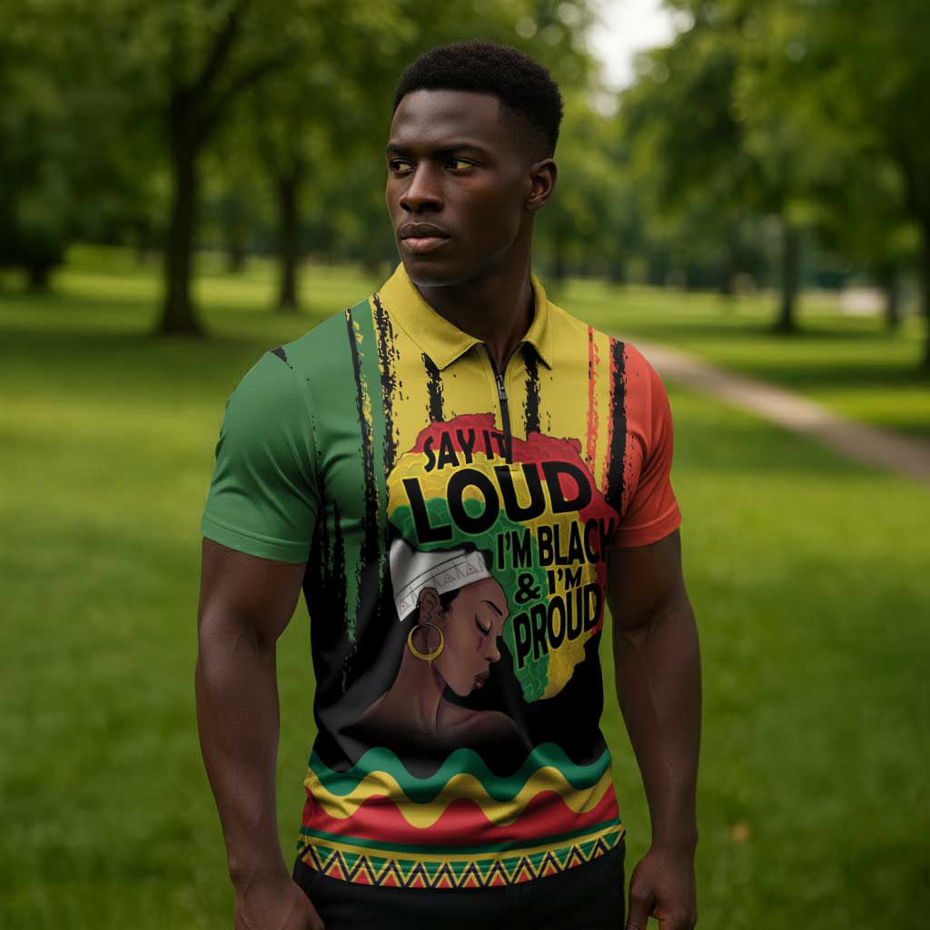 Black History Dreadlocks Map Zipper Polo Shirt Say It Loud I’m Black and I’m Proud - African Pride