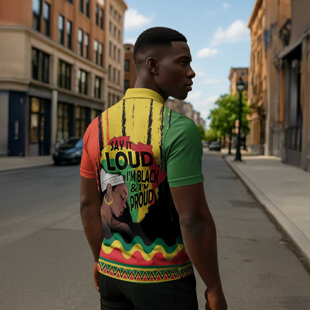 Black History Dreadlocks Map Zipper Polo Shirt Say It Loud I’m Black and I’m Proud - African Pride