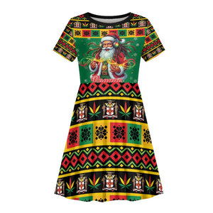 Afro-Jamaicans Christmas Kid Short Sleeve Dress Reggae Santa with Dreadlocks Design - African Pride