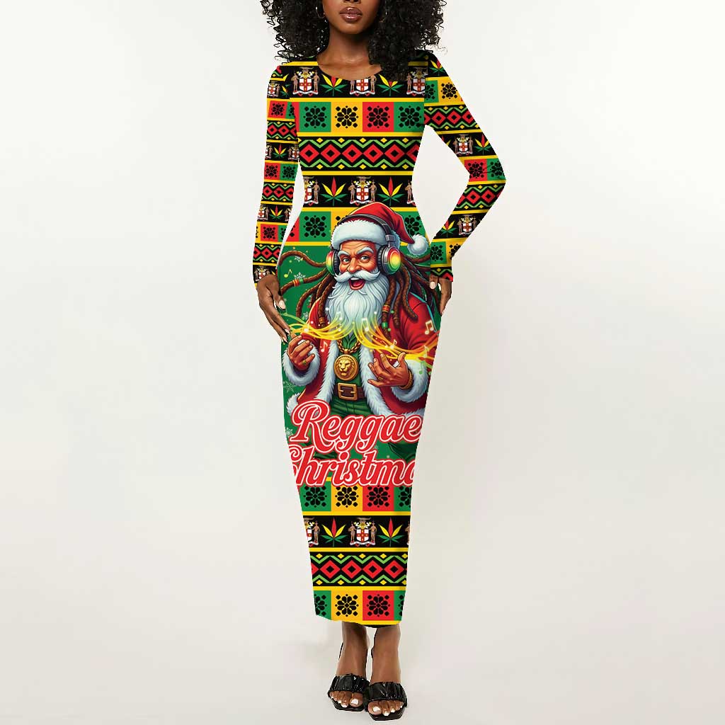 Afro-Jamaicans Christmas Long Sleeve Bodycon Dress Reggae Santa with Dreadlocks Design - African Pride