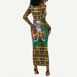 Afro-Jamaicans Christmas Long Sleeve Bodycon Dress Reggae Santa with Dreadlocks Design - African Pride