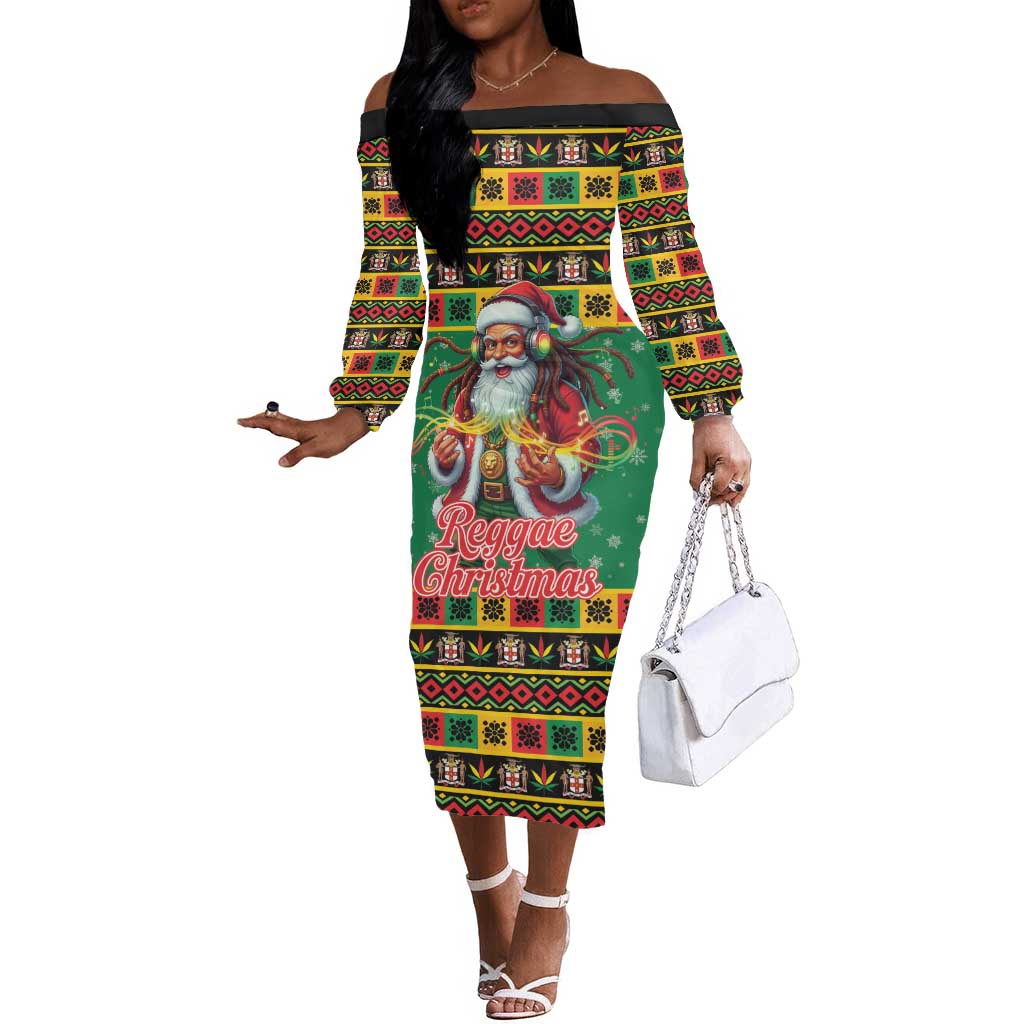 Afro-Jamaicans Christmas Off The Shoulder Long Sleeve Dress Reggae Santa with Dreadlocks Design - African Pride