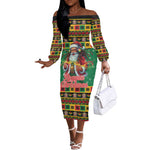 Afro-Jamaicans Christmas Off The Shoulder Long Sleeve Dress Reggae Santa with Dreadlocks Design - African Pride