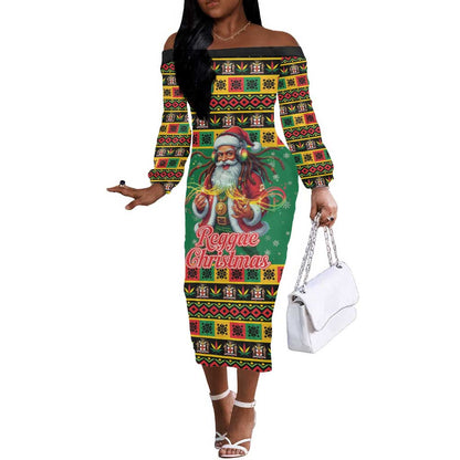 Afro-Jamaicans Christmas Off The Shoulder Long Sleeve Dress Reggae Santa with Dreadlocks Design - African Pride