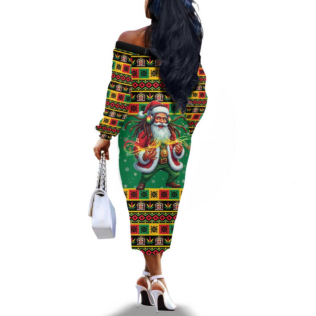 Afro-Jamaicans Christmas Off The Shoulder Long Sleeve Dress Reggae Santa with Dreadlocks Design - African Pride