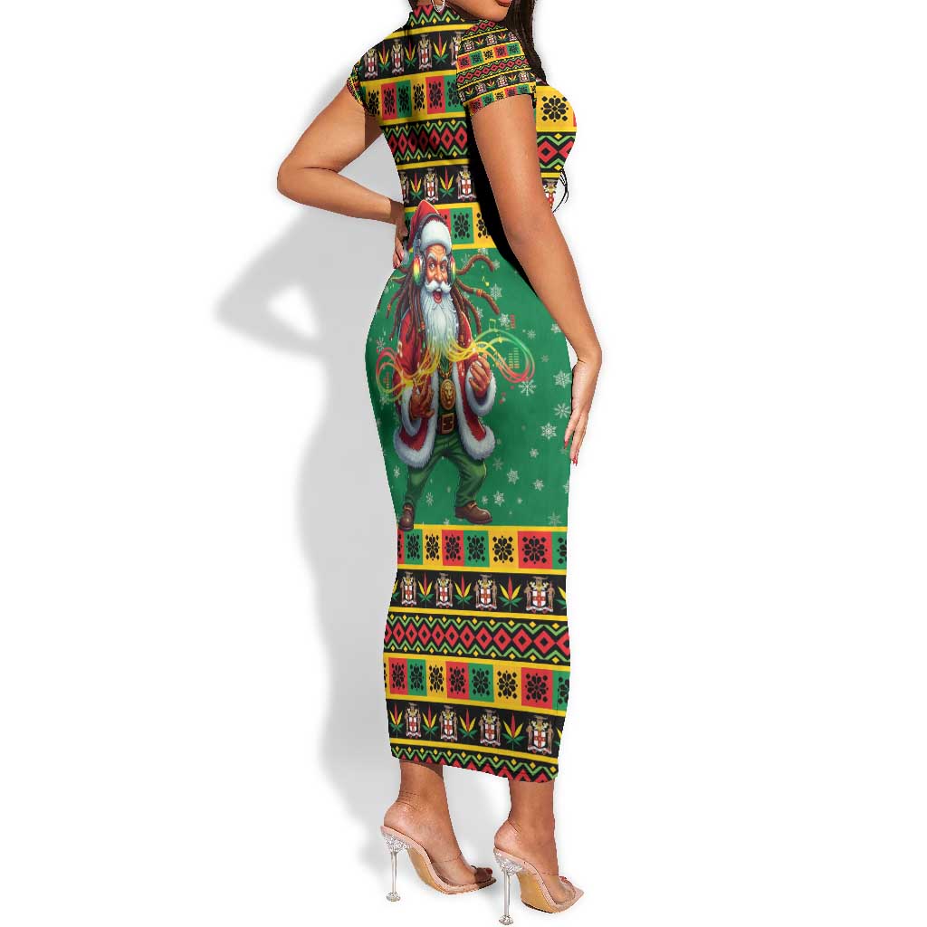 Afro-Jamaicans Christmas Short Sleeve Bodycon Dress Reggae Santa with Dreadlocks Design - African Pride