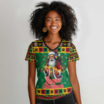 Afro-Jamaicans Christmas Women V-Neck T-Shirt Reggae Santa with Dreadlocks Design - African Pride