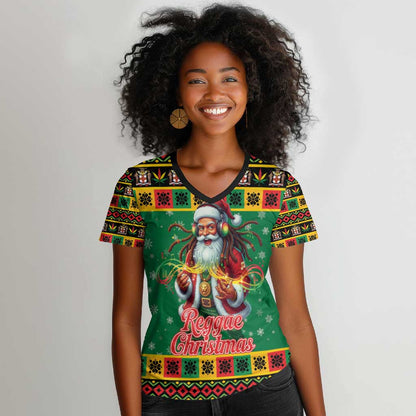 Afro-Jamaicans Christmas Women V-Neck T-Shirt Reggae Santa with Dreadlocks Design - African Pride
