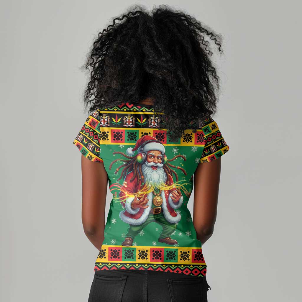 Afro-Jamaicans Christmas Women V-Neck T-Shirt Reggae Santa with Dreadlocks Design - African Pride