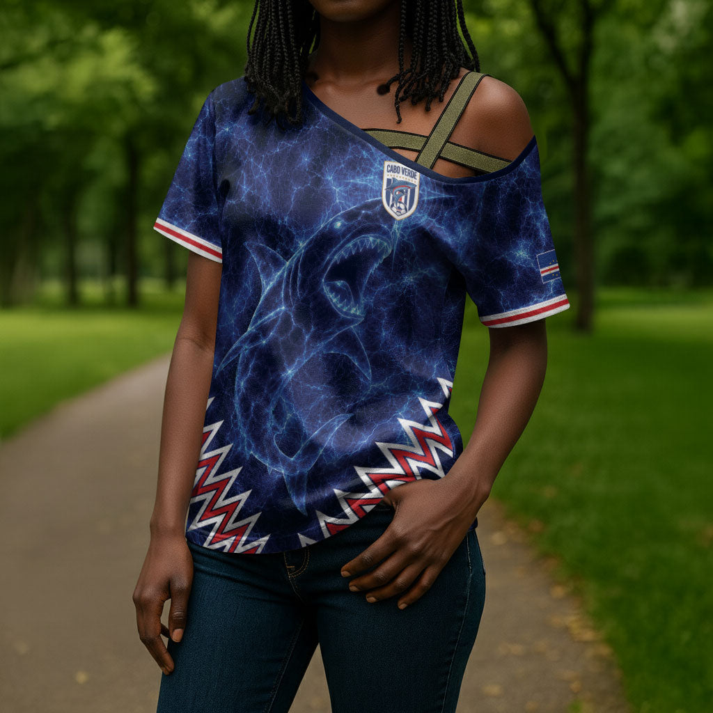 Custom World Football 2026 Cabo Verde Cross Shoulder Shirt Go Blue Sharks Glory