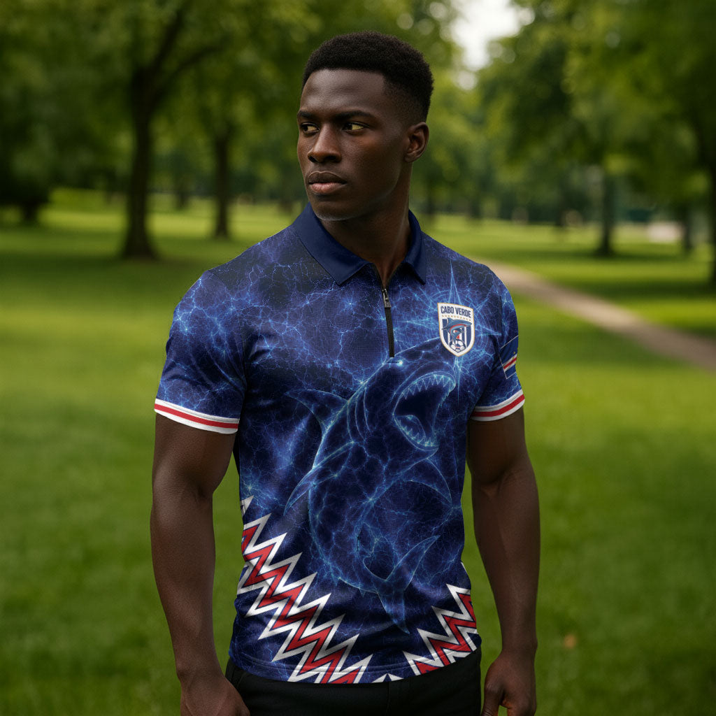 Custom World Football 2026 Cabo Verde Zipper Polo Shirt Go Blue Sharks Glory