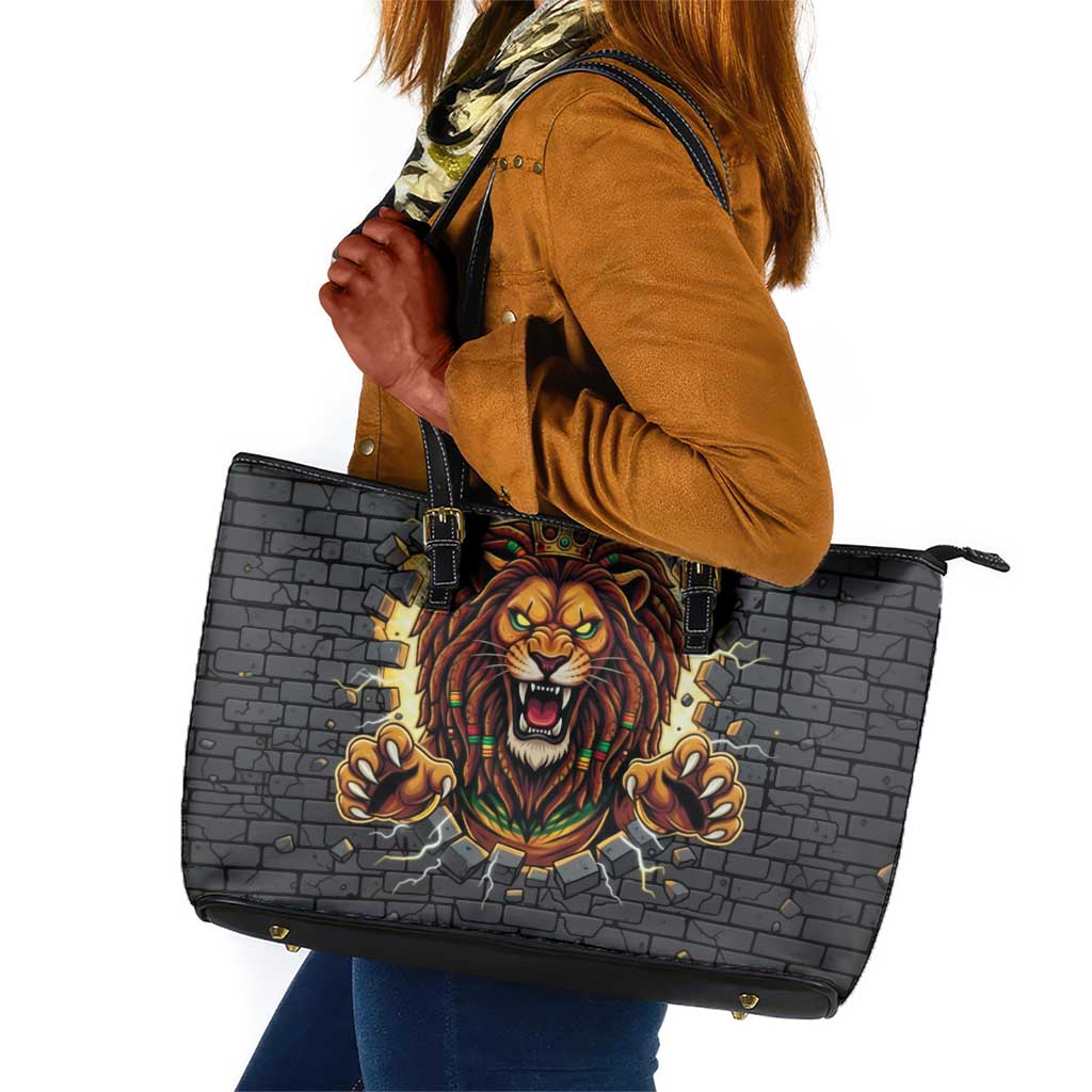 Black Jamaicans Rasta Lion Leather Tote Bag Reggae Lion Breaking Wall Design - African Pride