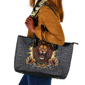 Black Jamaicans Rasta Lion Leather Tote Bag Reggae Lion Breaking Wall Design - African Pride