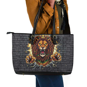 Black Jamaicans Rasta Lion Leather Tote Bag Reggae Lion Breaking Wall Design - African Pride