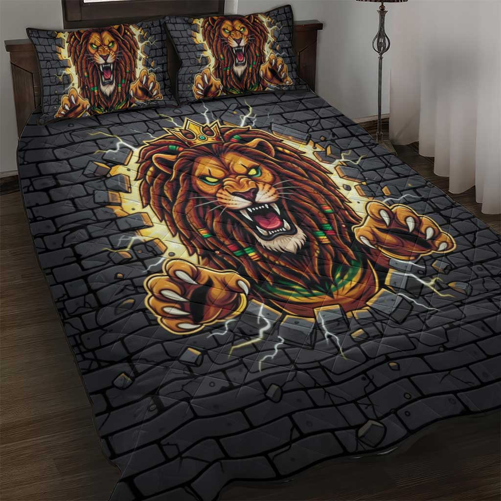 Black Jamaicans Rasta Lion Quilt Bed Set Reggae Lion Breaking Wall Design - African Pride