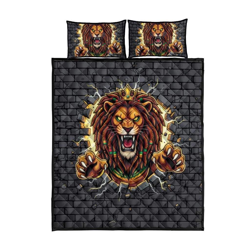 Black Jamaicans Rasta Lion Quilt Bed Set Reggae Lion Breaking Wall Design - African Pride