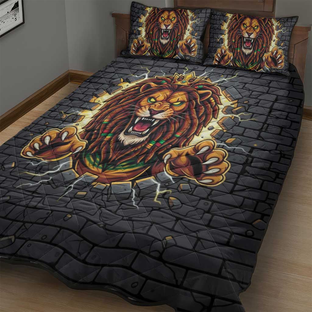 Black Jamaicans Rasta Lion Quilt Bed Set Reggae Lion Breaking Wall Design - African Pride
