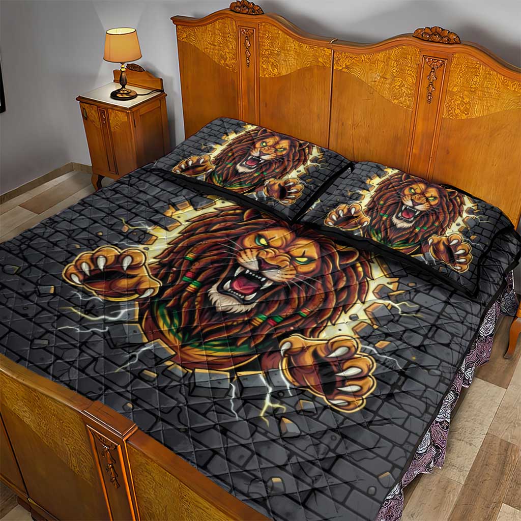 Black Jamaicans Rasta Lion Quilt Bed Set Reggae Lion Breaking Wall Design - African Pride
