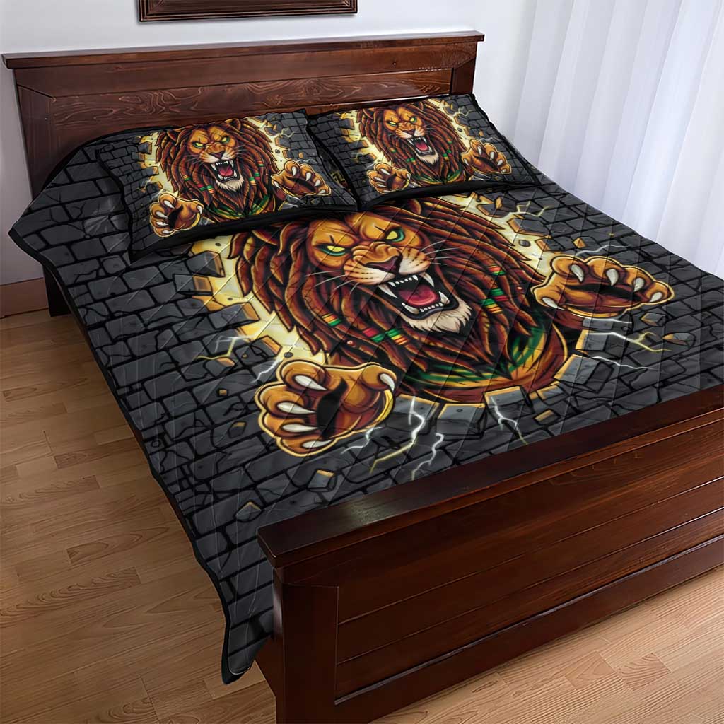 Black Jamaicans Rasta Lion Quilt Bed Set Reggae Lion Breaking Wall Design - African Pride