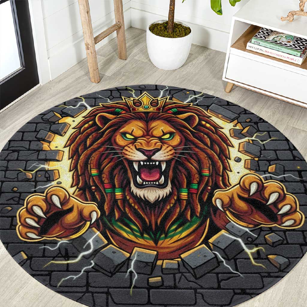 Black Jamaicans Rasta Lion Round Carpet Reggae Lion Breaking Wall Design - African Pride