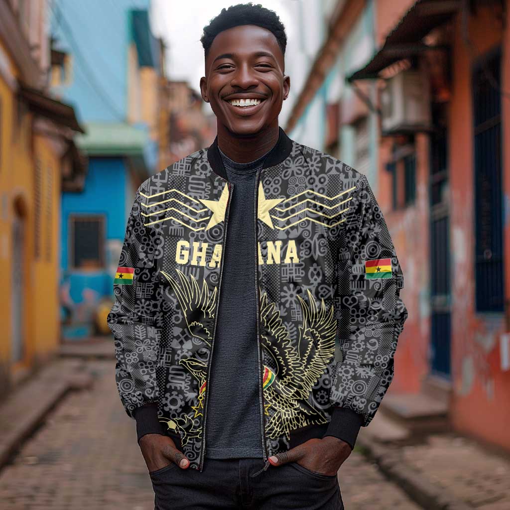 Custom World Football 2026 Ghana Bomber Jacket Black Stars Rise with Black Adinkra Pattern