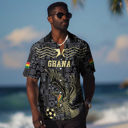 Custom World Football 2026 Ghana Hawaiian Shirt Black Stars Rise with Black Adinkra Pattern