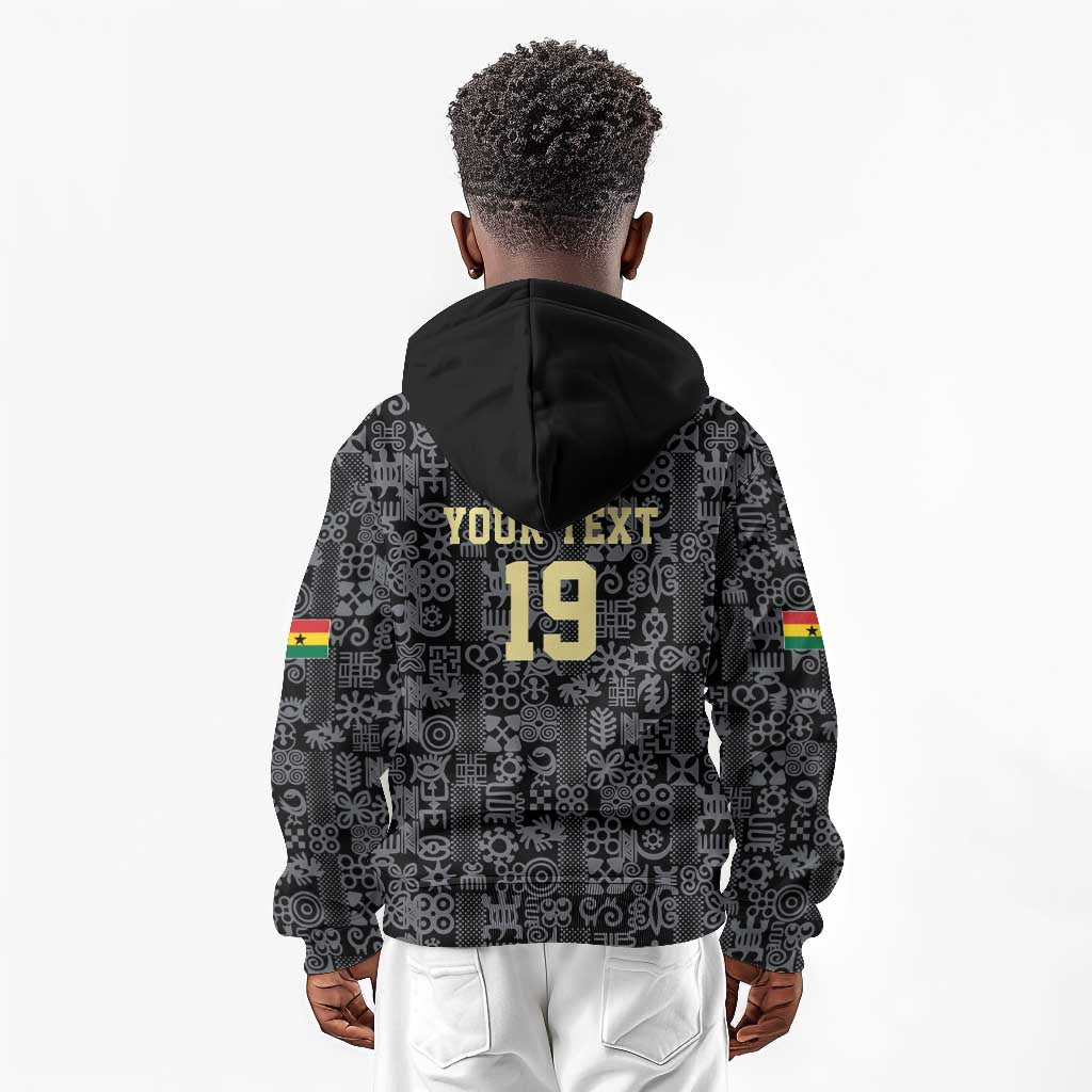 Custom World Football 2026 Ghana Kid Hoodie Black Stars Rise with Black Adinkra Pattern