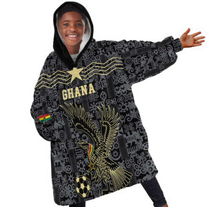 Custom World Football 2026 Ghana Kid Wearable Blanket Hoodie Black Stars Rise with Black Adinkra Pattern