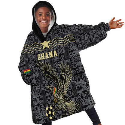 Custom World Football 2026 Ghana Kid Wearable Blanket Hoodie Black Stars Rise with Black Adinkra Pattern