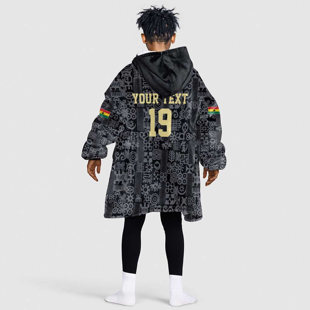 Custom World Football 2026 Ghana Kid Wearable Blanket Hoodie Black Stars Rise with Black Adinkra Pattern