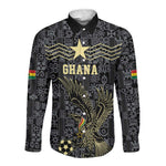 Custom World Football 2026 Ghana Long Sleeve Button Shirt Black Stars Rise with Black Adinkra Pattern