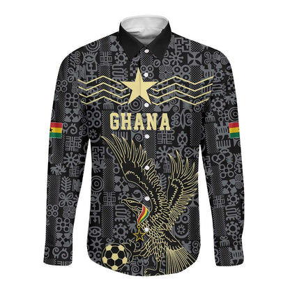 Custom World Football 2026 Ghana Long Sleeve Button Shirt Black Stars Rise with Black Adinkra Pattern