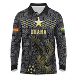 Custom World Football 2026 Ghana Long Sleeve Polo Shirt Black Stars Rise with Black Adinkra Pattern