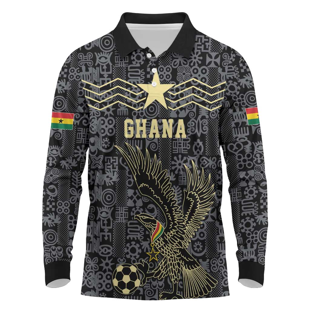 Custom World Football 2026 Ghana Long Sleeve Polo Shirt Black Stars Rise with Black Adinkra Pattern
