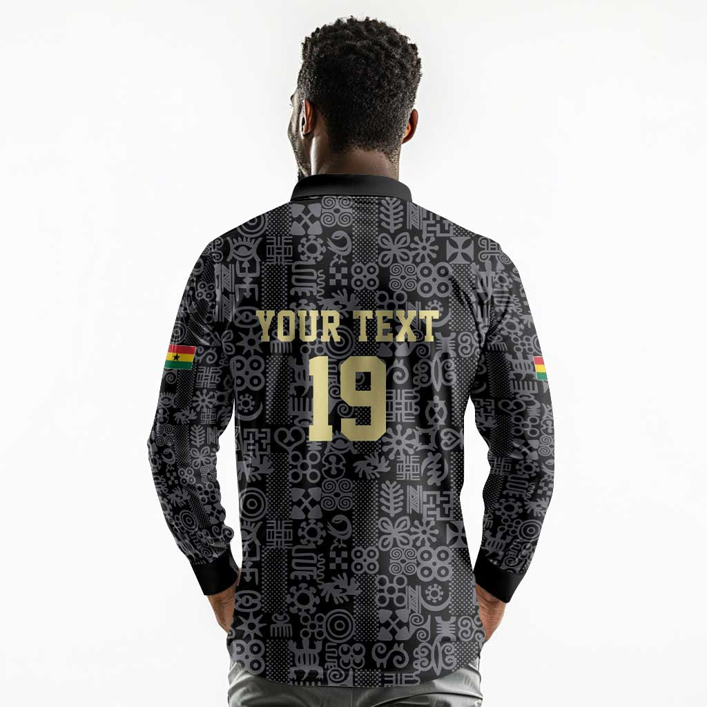 Custom World Football 2026 Ghana Long Sleeve Polo Shirt Black Stars Rise with Black Adinkra Pattern