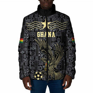 Custom World Football 2026 Ghana Padded Jacket Black Stars Rise with Black Adinkra Pattern